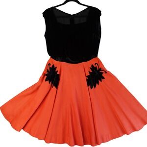 Vintage 50s Handmade Fit and Flare Dress Womens L Red Black Velvet Dance Swing